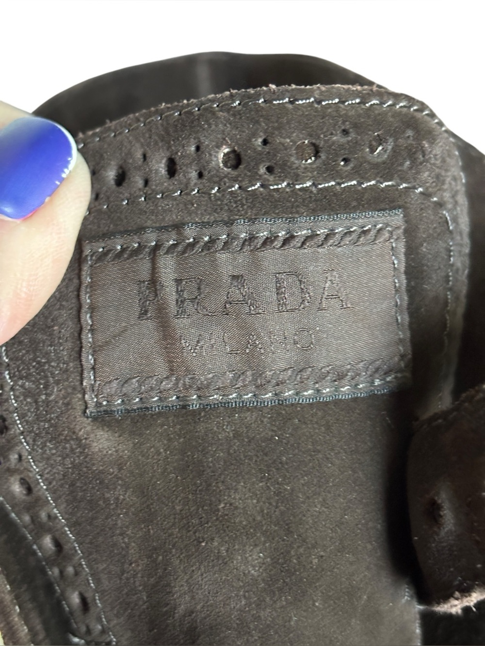 Authenticated Prada Milano Dark Brown Suede Brogue Heeled Ankle Boots - Picture 10 of 11